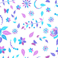 Fototapeta na wymiar Seamless pattern with openwork floral ornament in purple, pink and light blue pink tones on a white background