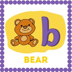 Letter b lowercase cute children colorful zoo and animals ABC alphabet tracing flashcard. Learning card for kids. English Vocabulary vector illustration. Bear.