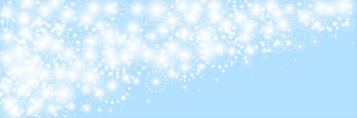 Snowflake silver. Flying snow flakes and stars on ligth blue background. Actual winter template. Beautiful stars