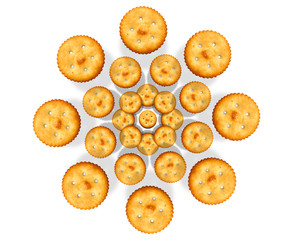 Salty biscuits crackers top view pattern on red background