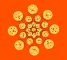 Salty biscuits crackers top view pattern on red background