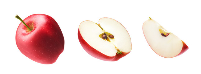Set of fresh whole, cut half and slice red apple isolated on white background