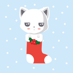 Cartoon animal cat in the sock christmas.
