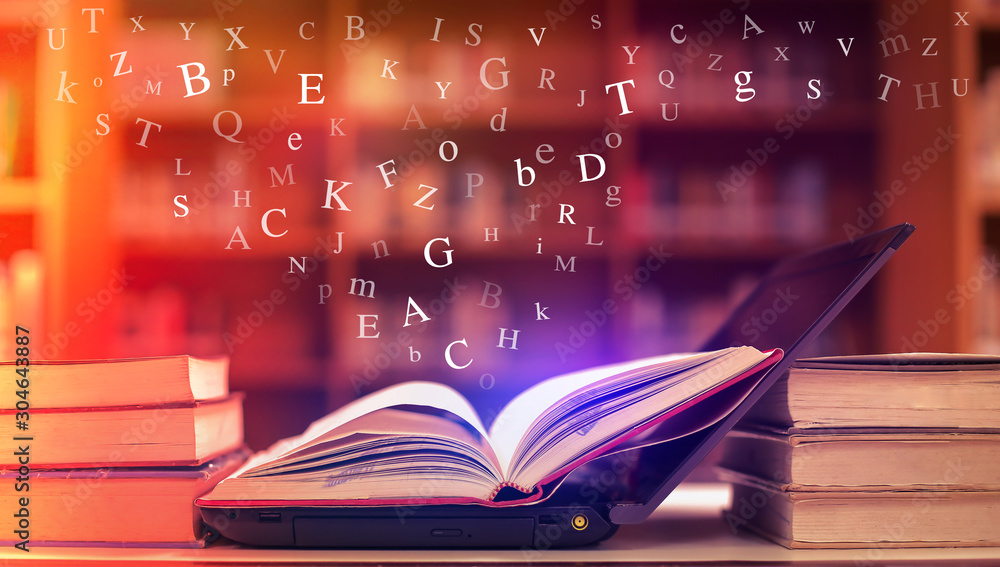Poster imagine opening an old book blurred with magic power on the table and the english alphabet floating 