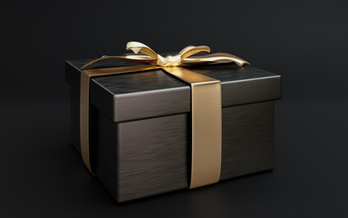 Mock-up poster, very expensive brushed black gift box with gold bow on dark background, 3D Render, 3D Illustration
