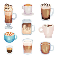 Different Coffee Drinks Isolated On White Background Vector Set