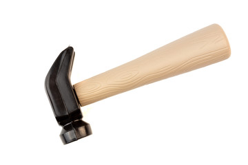 Toy hammer with handle in a flat lay view cut out on white background.