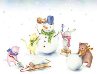 雪だるまを作る動物たち