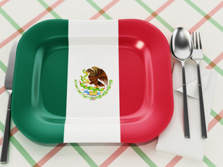 Mexican cuisine concept with Mexican flag textured serving plate. 3D illustration