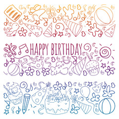 Fototapeta na wymiar Vector set of cute creative illustration templates with birthday theme design. Hand Drawn for holiday, party invitations. Drawing on notebook in gradient style.