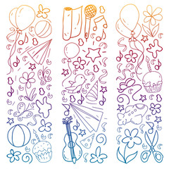 Vector set of cute creative illustration templates with birthday theme design. Hand Drawn for holiday, party invitations. Drawing on notebook in gradient style.