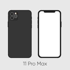 Newly released Black Smartphone 11 Pro, frond and back sides isolated on gray. Vector Illustration 
