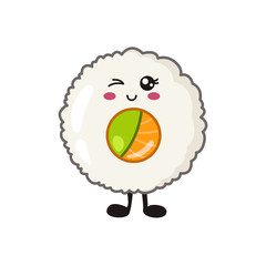 Obraz premium Kawaii sushi, rolls, sashimi - isolated single icon on white background, traditional Japanese or Asian cuisine and food, decoration for social networks of a restaurant or bar, cute cartoon emoji