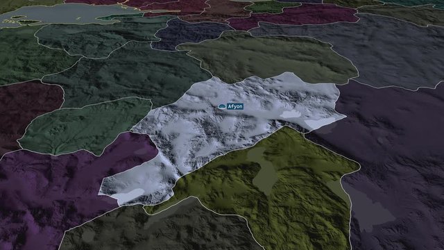 Afyon - province of Turkey with its capital zoomed on the administrative map of the globe. Animation 3D