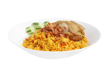 muslim rice with chicken from herb isolated on white background, Muslim food in ceramic dish