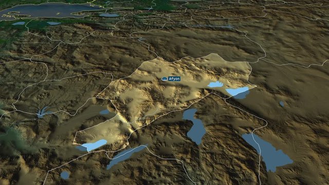 Afyon - province of Turkey with its capital zoomed on the physical map of the globe. Animation 3D