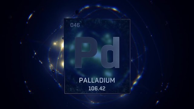 Palladium as Element 46 of the Periodic Table. Seamlessly looping 3D animation on blue illuminated atom design background with orbiting electrons. Design shows name, atomic weight and element number
