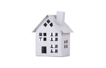 Estate concept, metal house on isolated white background