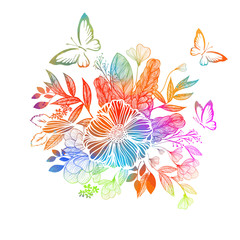 Rainbow abstract flower with butterflies. Vector illustration