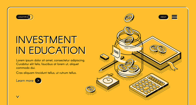 Investment in education isometric landing page. Scholarship, university studying credit. Dollar coins falling to glass jar with books and stationary around 3d vector illustration line art web banner
