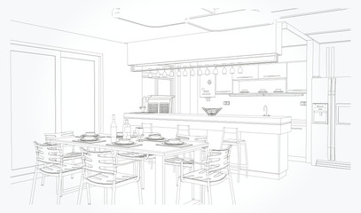 Linear sketch of an interior. Living room plan. Sketch Line sofa set. Vector illustration.outline sketch drawing perspective of a interior space.