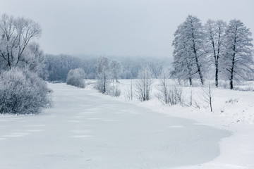 Winter river covered with ice and snow, winter landscape with trees and snow, frost on the trees. Winter landscape. Winter frosty nature in the morning sunlight.