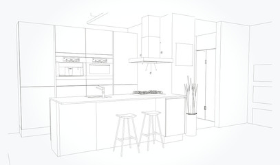 Linear sketch of an interior. Living room plan. Sketch Line sofa set. Vector illustration.outline sketch drawing perspective of a interior space.
