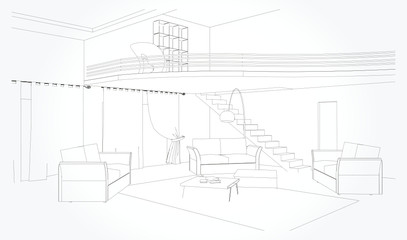 Linear sketch of an interior. Living room plan. Sketch Line sofa set. Vector illustration.outline sketch drawing perspective of a interior space.