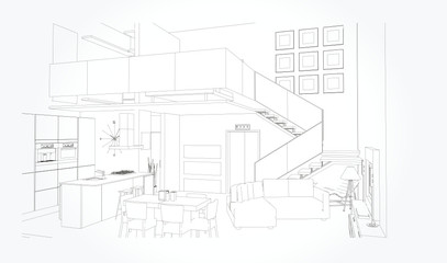 Linear sketch of an interior. Living room plan. Sketch Line sofa set. Vector illustration.outline sketch drawing perspective of a interior space.