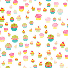 seamless cake pattern muffins tasty on white background