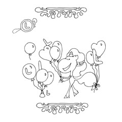 Find Letter L. Funny cartoon unicorn. Animals alphabet a Coloring page. Printable worksheet. Unicorns walks between balloons.
