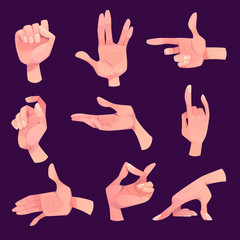 Hand gestures in different positions set isolated on purple background. Human palm gesturing, show direction, pointing, and represent emotions with fingers and thumb. Cartoon vector illustration.