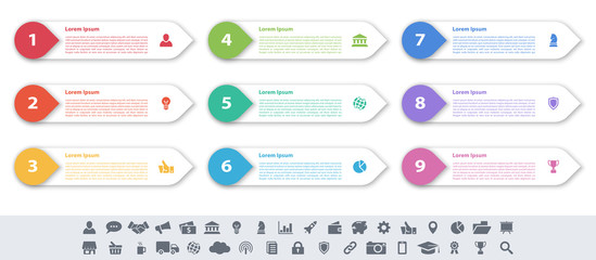 Infographic design business concept vector illustration with 9 steps or options or processes represent work flow or diagram or web button banner