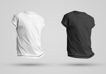 Mockup blank male t-shirt on a body without a man with shadows on a white background.