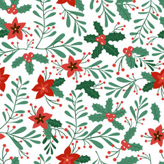 Green branch - Seamless pattern with christmas flower, omela, leaf