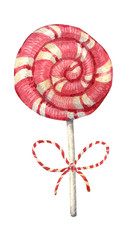 Red and white watercolor striped lollipop isolated on white background