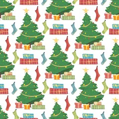 Obraz na płótnie Canvas Seamless Pattern with Christmas Tree, Gift Boxes