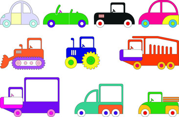 Set of toy sketches of car pictures in childish style