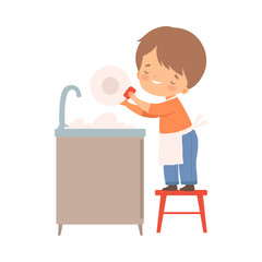 Little Boy Washing Dishes on His Own Vector Illustration