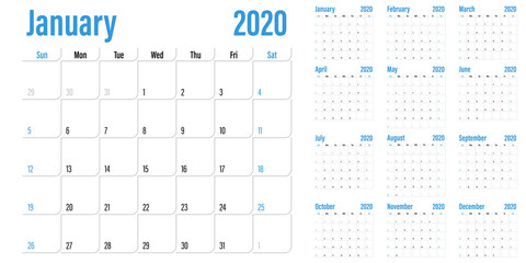 Calendar planner 2020 template vector illustration all 12 months week starts on Sunday and indicate weekends on Saturday and Sunday