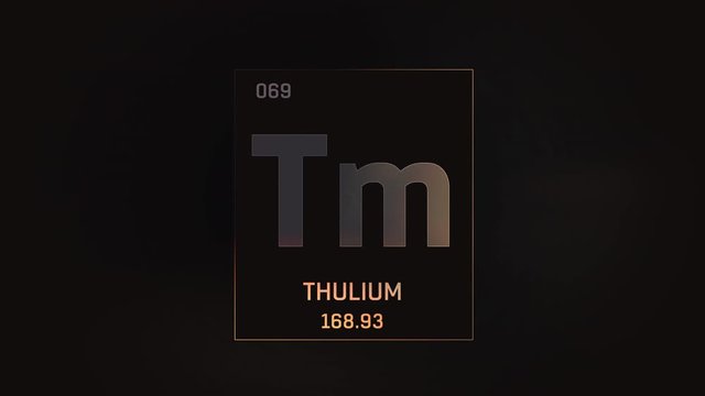 Thulium as Element 69 of the Periodic Table. Seamlessly looping 3D animation on grey illuminated atom design background with orbiting electrons. Design shows name, atomic weight and element number