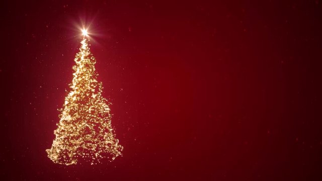 3D animation - Christmas tree of light particles on red background