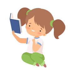 Little Girl Sitting on Floor and Learning to Read Vector Illustration