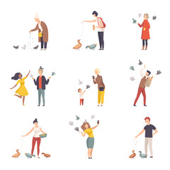 Fototapeta na wymiar People Characters Walking and Feeding Pigeons on Town Squares Vector Illustrations Set