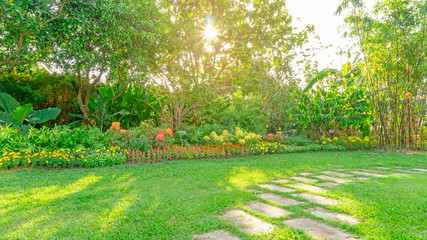 Green grass lawn in a garden with pattern of grey concrete stepping stone , Flowering plant, shrub and trees on backyard under morning sunshine with good care landscaping in a public park