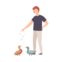Young Faceless Man Feeding Birds in the Park Vector Illustration