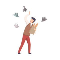 Young Faceless Man Shrinking From Pigeons Vector Illustration