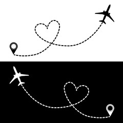 Flying plane and take-off point with the heart-shaped trail between them