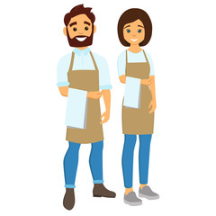 Waiters, girls and men with towels on their hands. Vector flat illustration