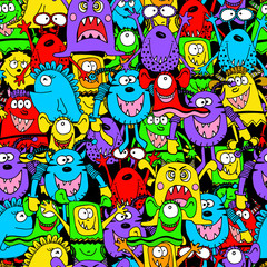 Seamless pattern cute funny monsters with big eyes . Kids background for textile, wallpapers and paper. Colourful colours.